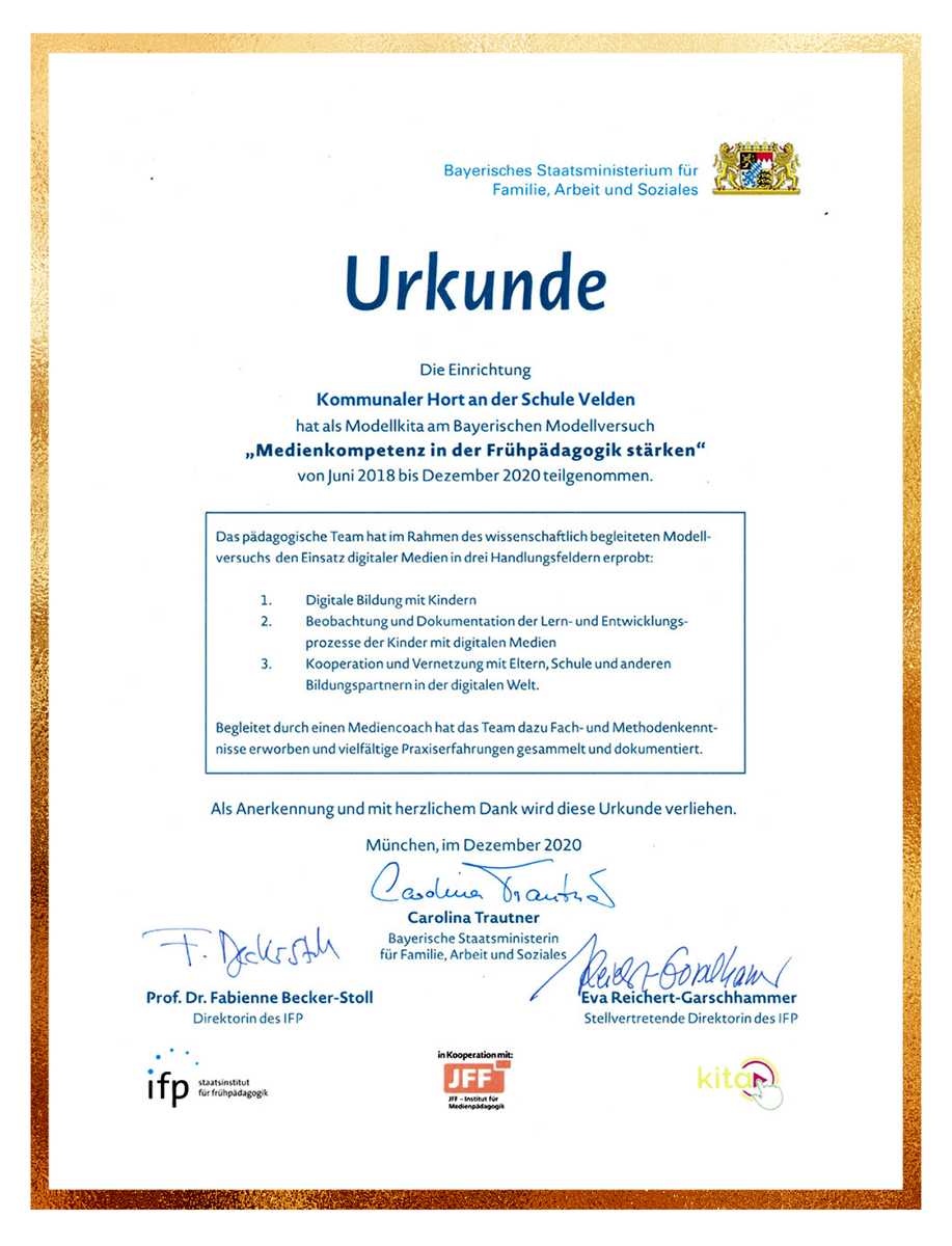 Urkunde für den Hort Velden